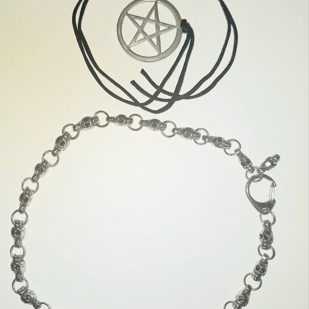lot 2 necklaces Pagan Wicca Pentacle Skull Goth Biker